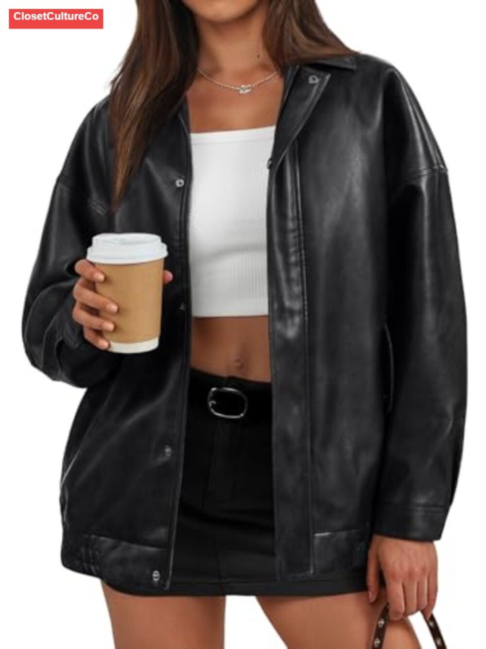 Faux Leather Oversized Bomber Jacket Textured Zip Coat